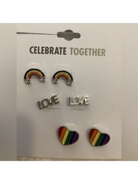 Celebrate together Pride themed set of 3 earrings rainbow heart Love